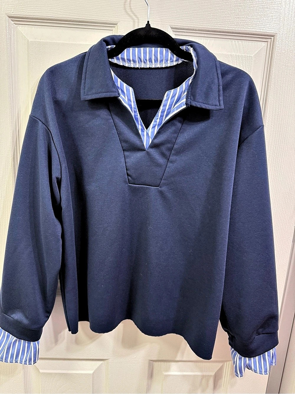 Blue & White Striped Collared Tunic Long Sleeve Relaxed Fit Top